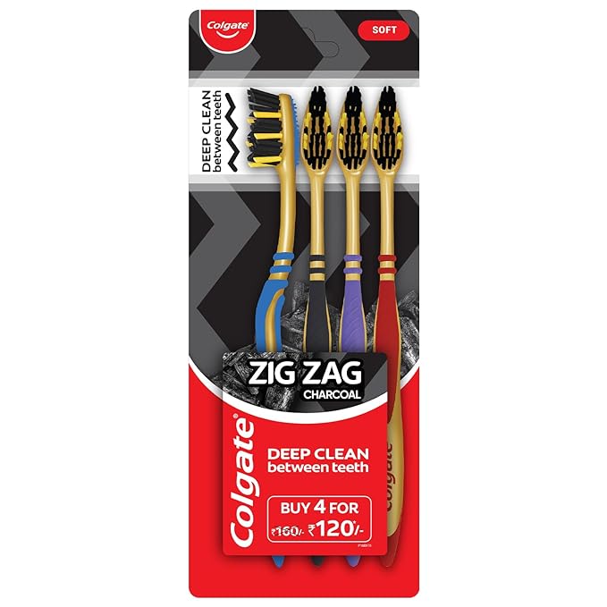 Colgate Zigzag Charcoal Soft Bristle Manual Toothbrush For Adults - 4 Pcs